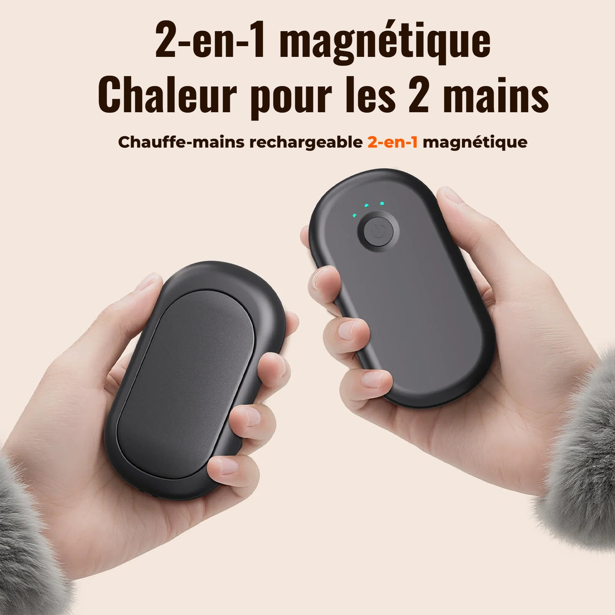Chauffe-mains magnétique 2-en-1 tenu dans les deux mains