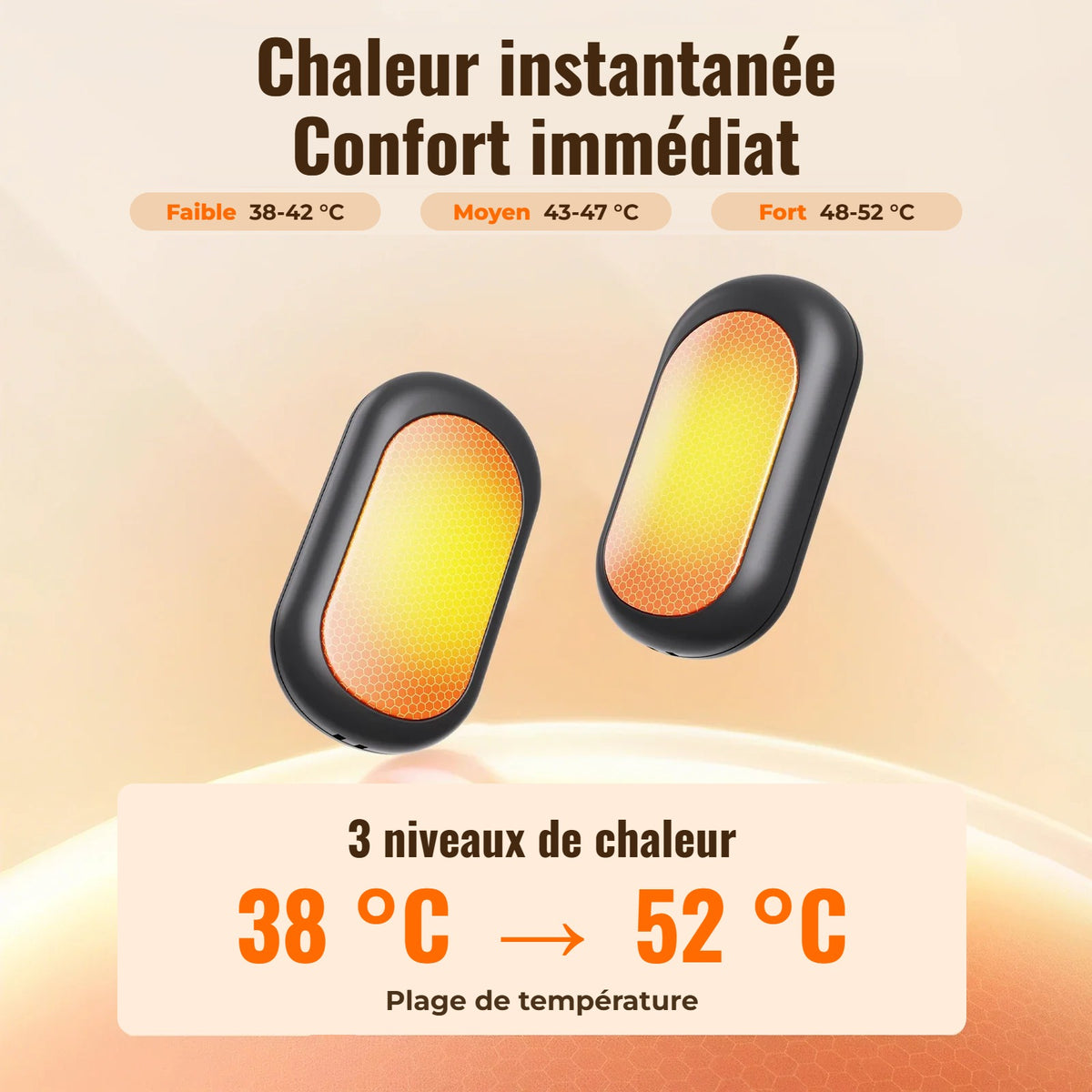 3 niveaux de chaleur, de 38 à 52 °C