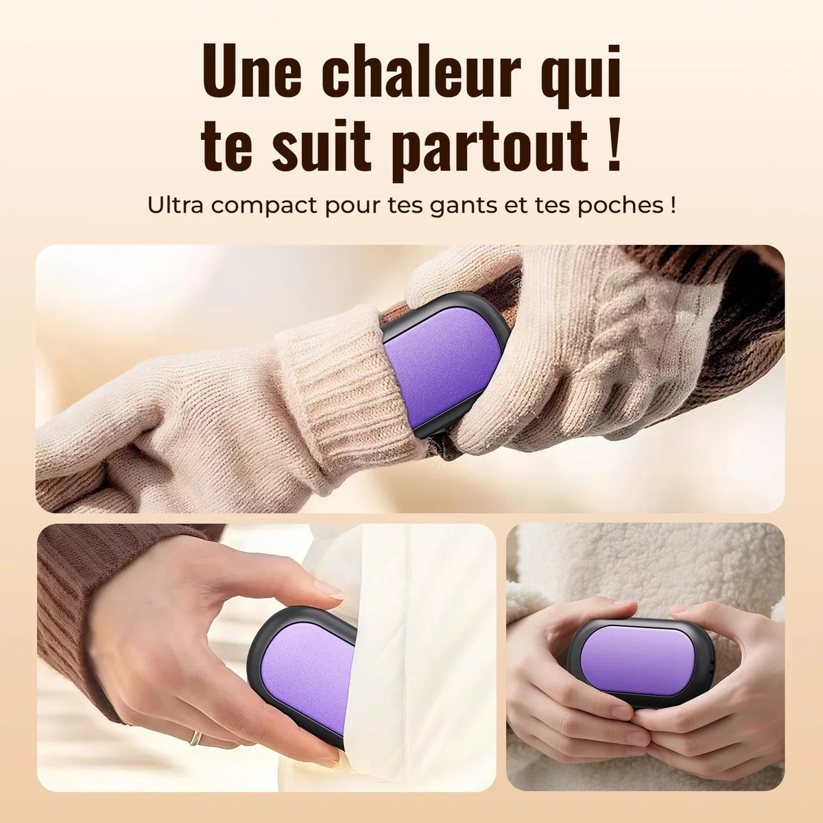 Chauffe-mains compact qui se glisse dans les gants et les poches
